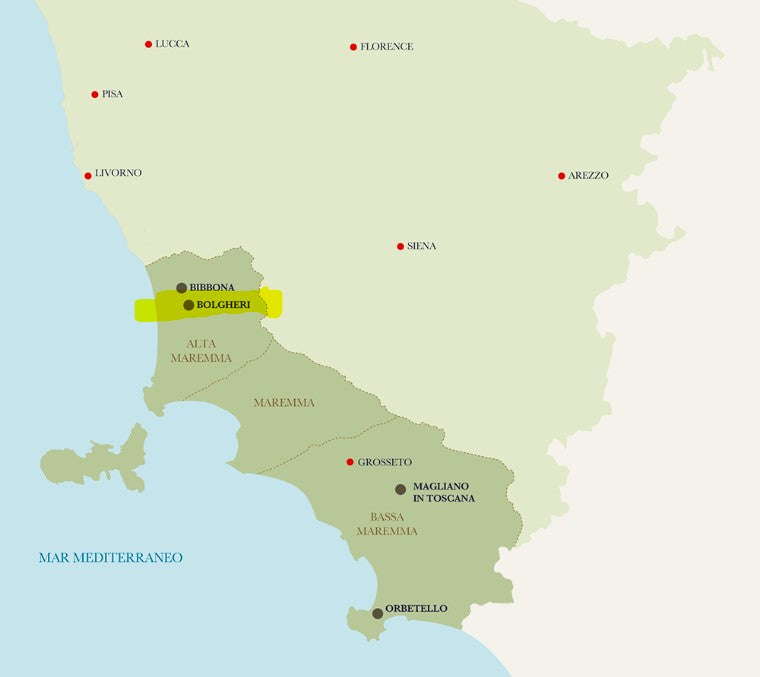 Map of South Western Tuscany, showing Bolgheri and Maremma